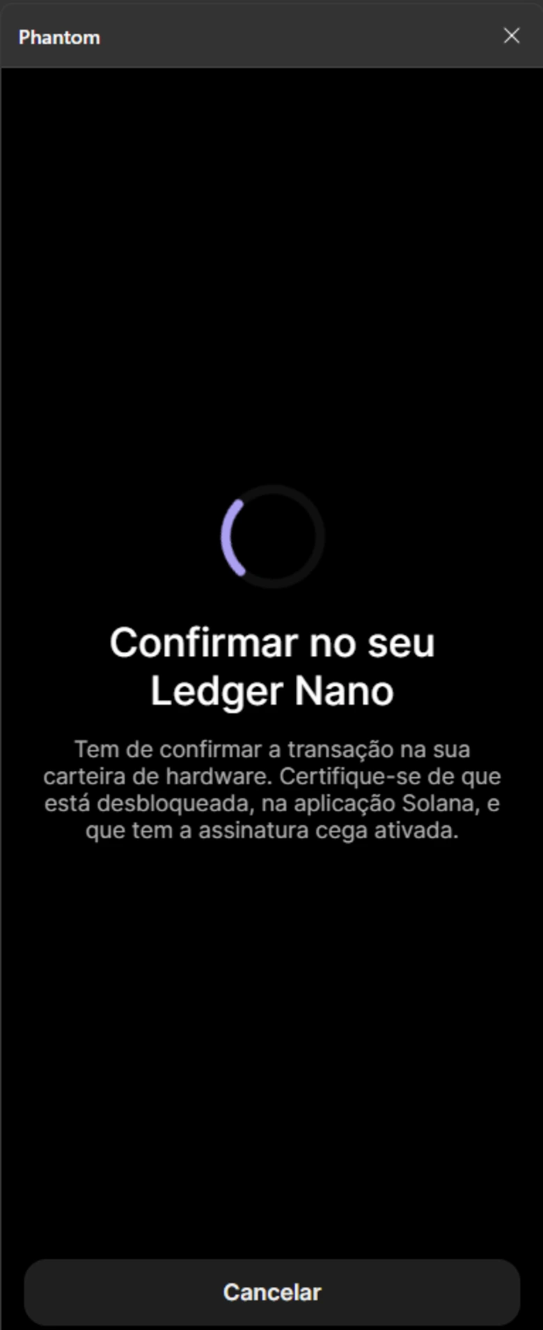 Passo 2: Phantom aguardando confirmação da transação no Ledger Nano, carteira física de autocustódia