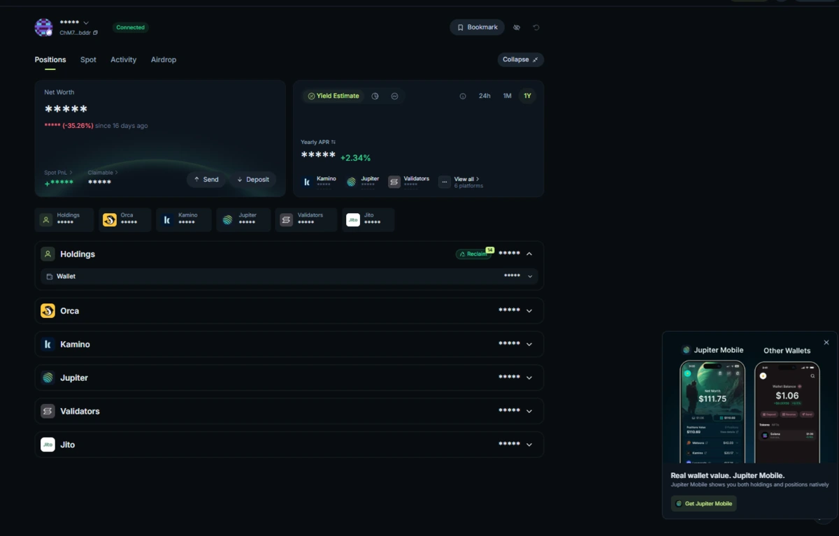Dashboard do Jupiter Portfolio mostrando posições integradas em Orca, Kamino, Jupiter, validadores e Jito no ecossistema Solana