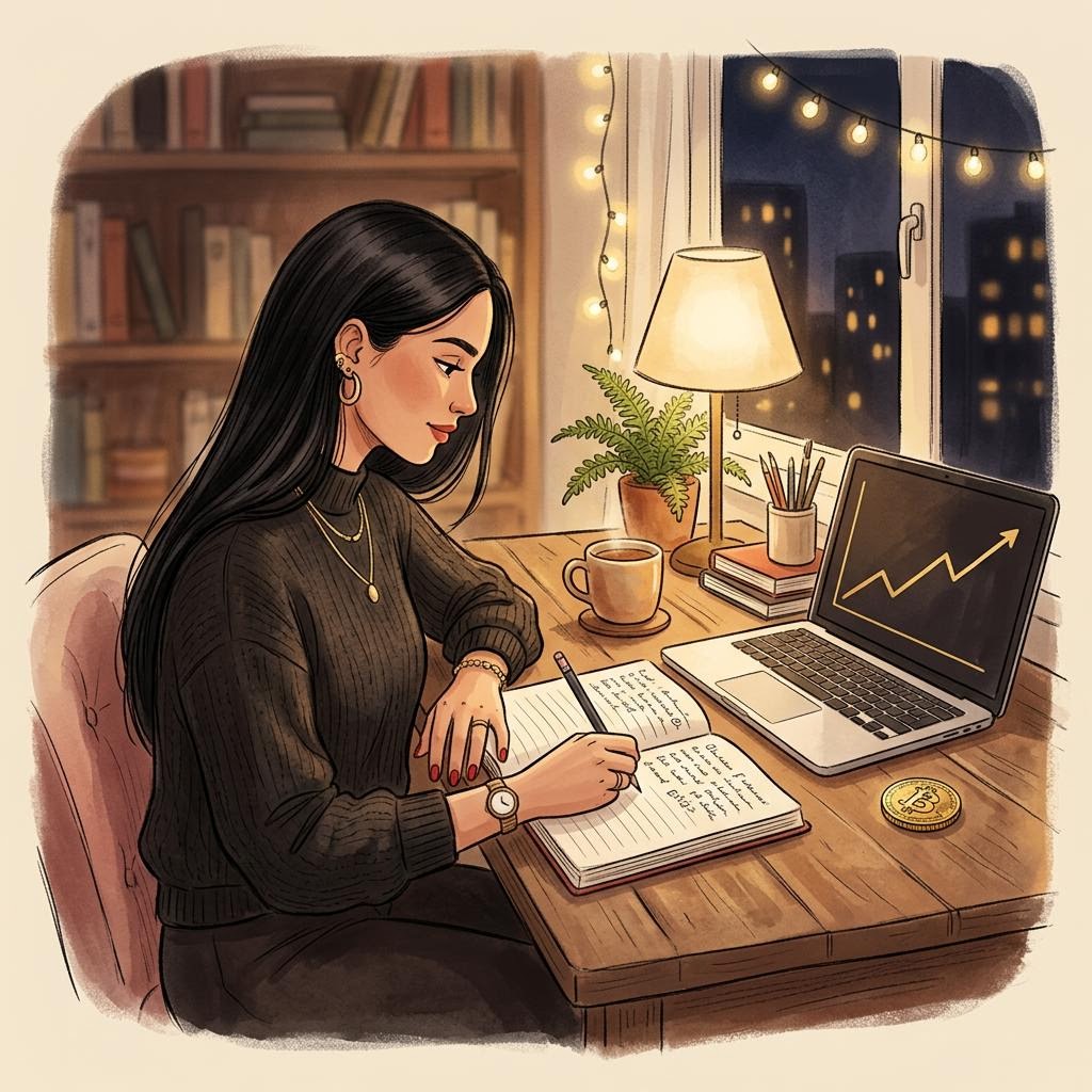 A Dama registrando o aporte do dia no diário, à noite