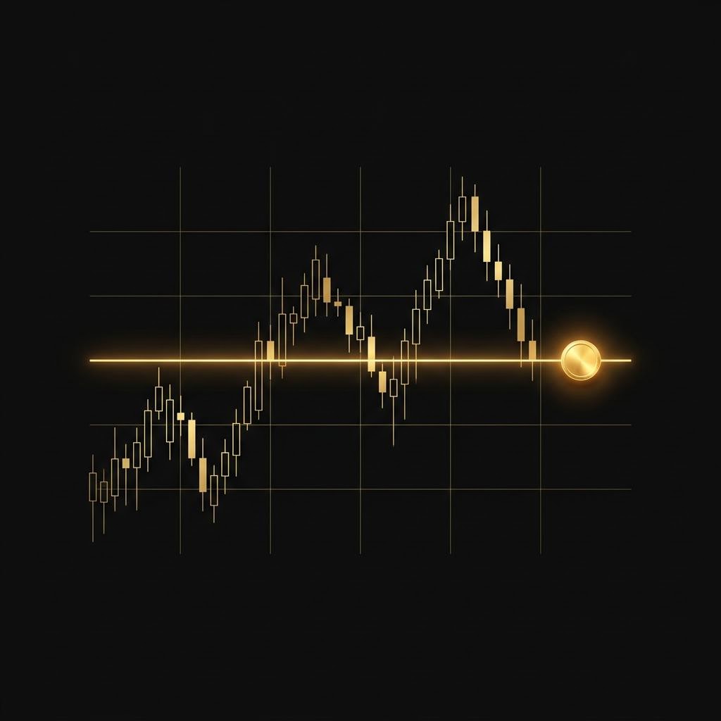 Gráfico de candles dourado com linha de strike destacada