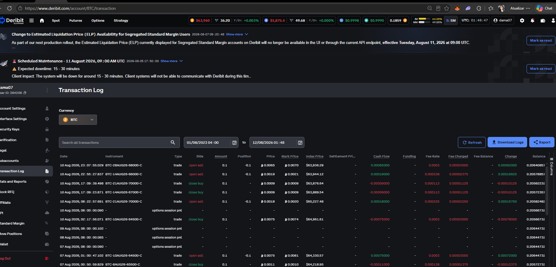 Print real do extrato de operações e saldo em BTC na Deribit