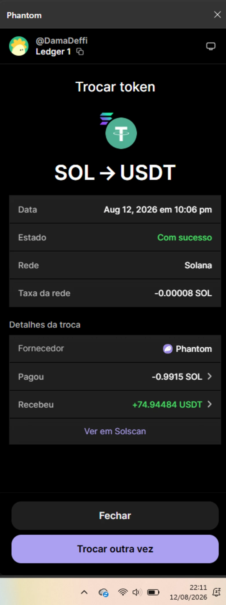 Passo 3: comprovante da Phantom — swap SOL para USDT com sucesso, 74,94484 USDT recebidos, taxa de rede de 0,00008 SOL