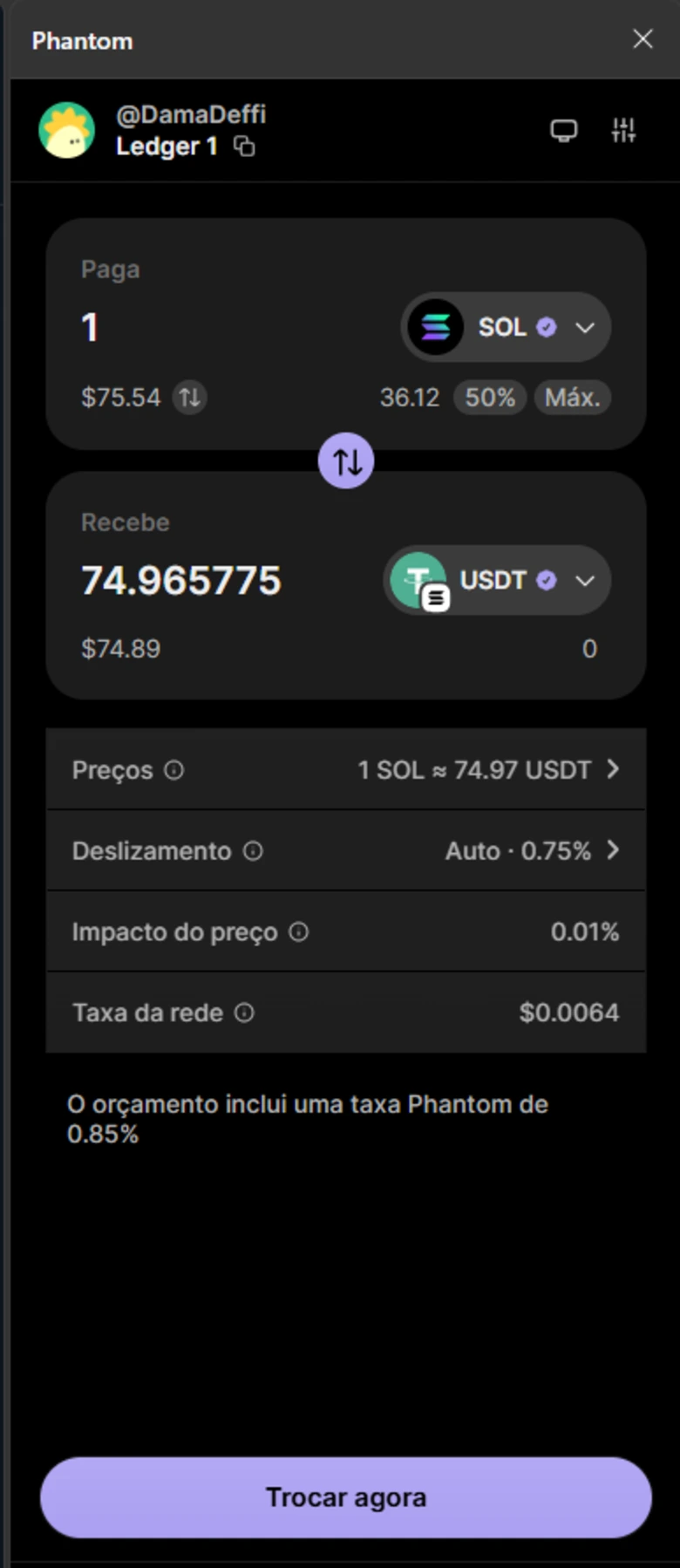 Passo 1: cotação do swap de 1 SOL para 74,96 USDT na carteira Phantom, com taxa de rede de US$ 0,0064