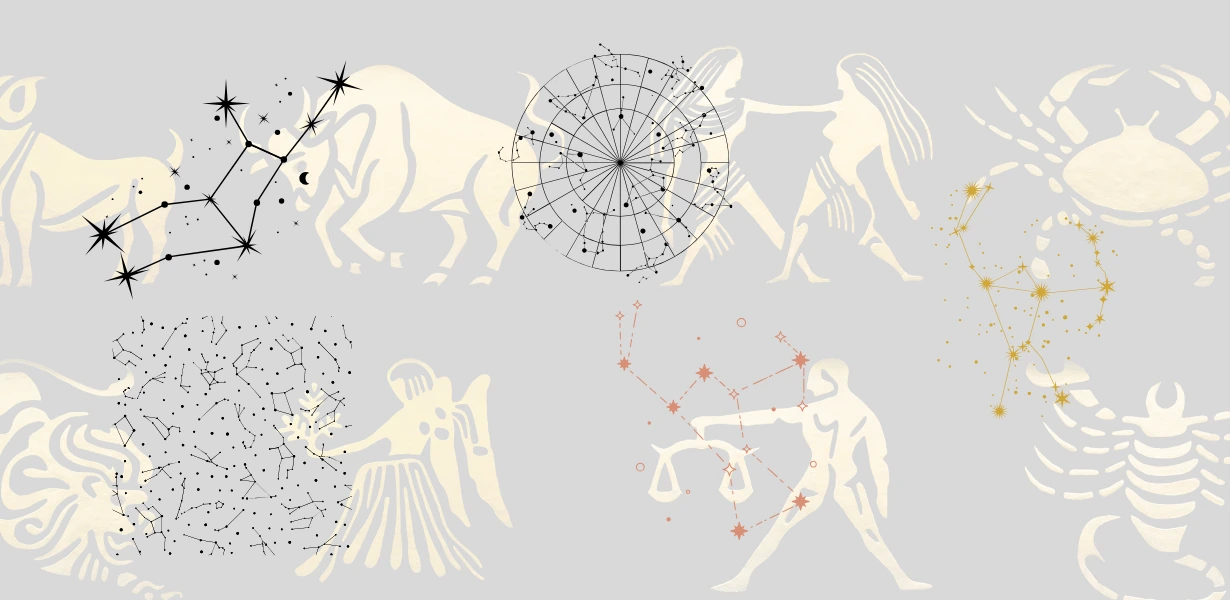 Ilustração das Constelações do Zodíaco: Touro, Leão, Aquário, Libra, Câncer e Escorpião