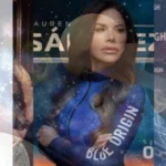 Lauren Sánchez em traje da Blue Origin após missão espacial NS-31 com tripulação 100% feminina.