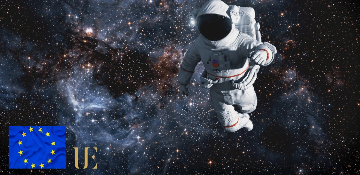 Astronauta com emblema europeu flutuando no espaço profundo com a bandeira da União Europeia visível, simbolizando a atuação espacial da UE.