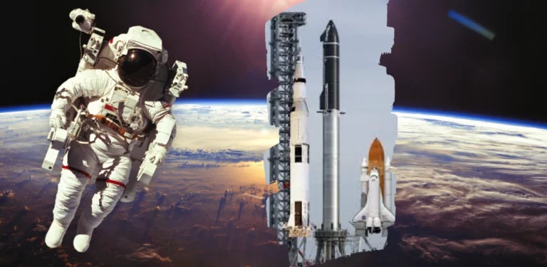 Astronauta flutuando na órbita terrestre ao lado de foguetes espaciais históricos, com a Terra ao fundo.