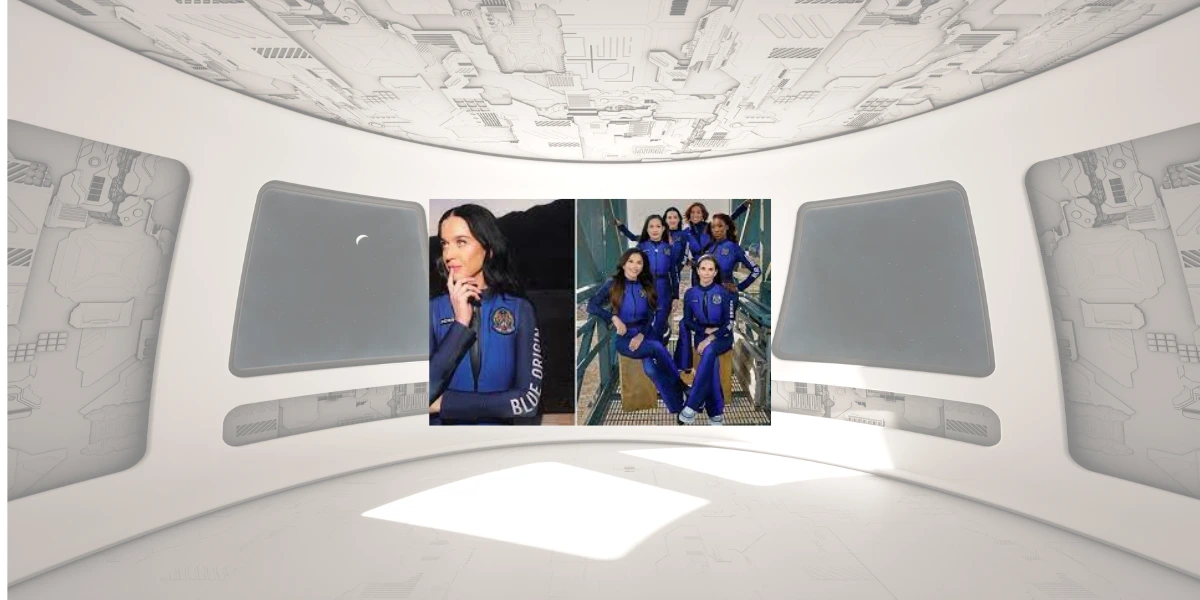 Katy Perry e outras integrantes da missão espacial NS-31 da Blue Origin, usando trajes espaciais azuis antes do voo histórico com tripulação 100% feminina.