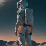 Astronauta em planeta alienígena olhando para o espaço com um saco de dinheiro cheio de notas ao lado, representando riqueza e liberdade financeira.
