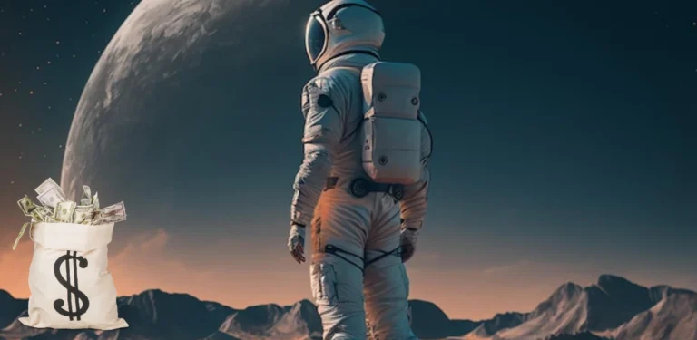 Astronauta em planeta alienígena olhando para o espaço com um saco de dinheiro cheio de notas ao lado, representando riqueza e liberdade financeira.