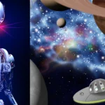 Robô futurista com IA e nave alienígena em um universo cheio de estrelas e planetas, representando tecnologia avançada e vida fora da Terra.