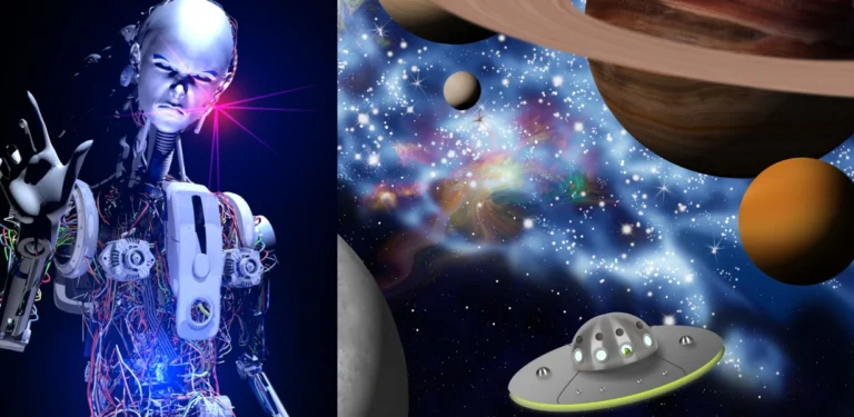 Robô futurista com IA e nave alienígena em um universo cheio de estrelas e planetas, representando tecnologia avançada e vida fora da Terra.