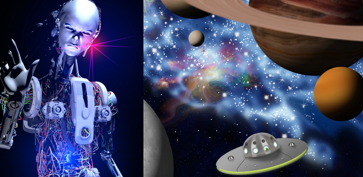 Robô futurista com IA e nave alienígena em um universo cheio de estrelas e planetas, representando tecnologia avançada e vida fora da Terra.