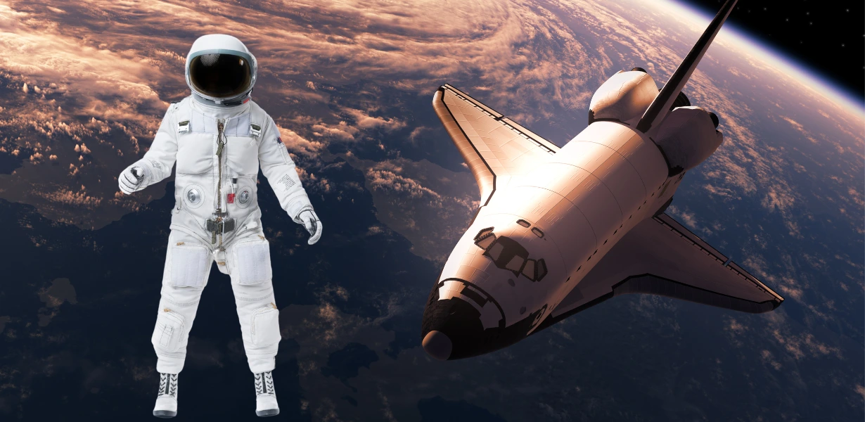 Astronauta no espaço flutuando ao lado de nave espacial com a Terra ao fundo, representando o avanço da tecnologia de satélites em 2023.