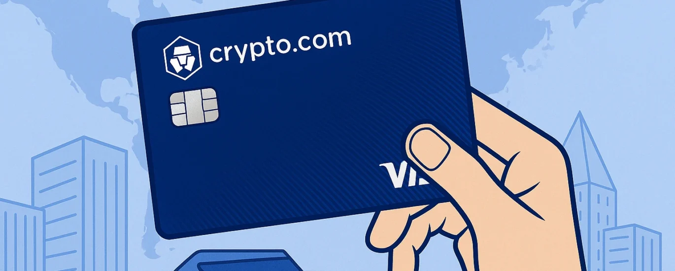 Ilustração de mão segurando o cartão Crypto.com com chip, em frente a mapa-múndi e cidade costeira, simbolizando uso global do cartão cripto"