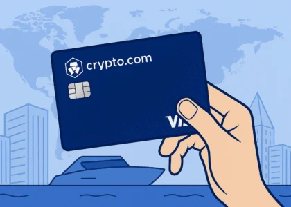 Ilustração de mão segurando o cartão Crypto.com com chip, em frente a mapa-múndi e cidade costeira, simbolizando uso global do cartão cripto"