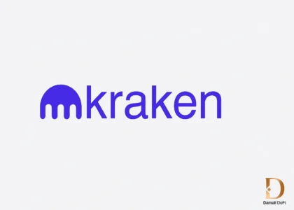 "Logomarca da Kraken com fundo cinza claro e selo Dama DeFi no canto inferior direito"