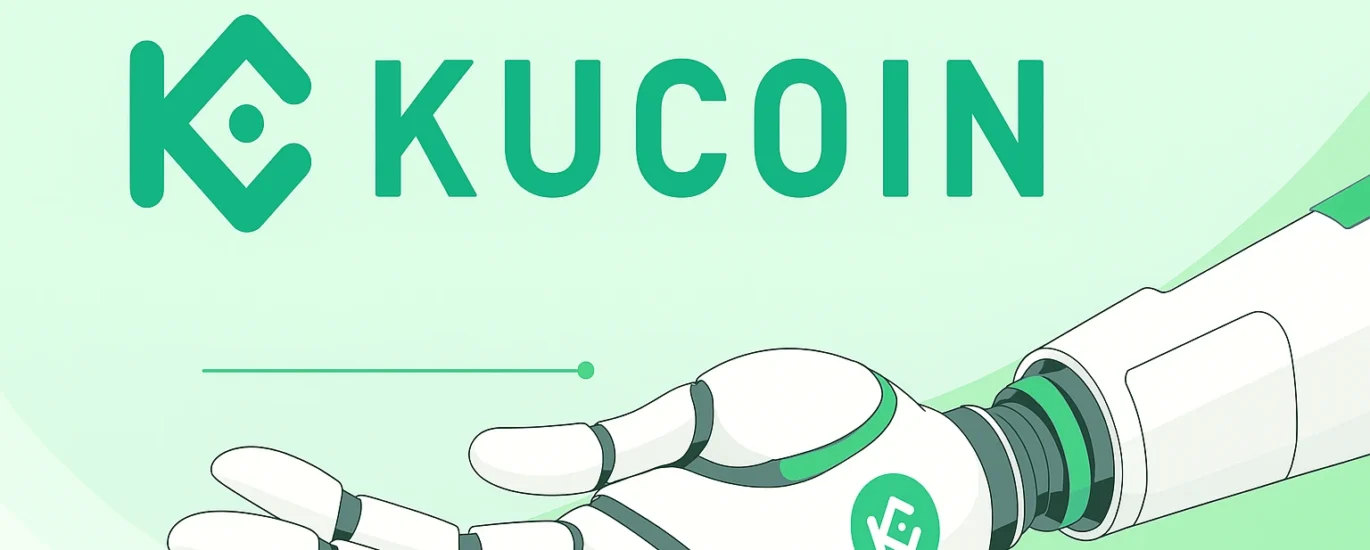 Página inicial da KuCoin destacando o slogan “Find the Next Crypto Gem”, com QR Code para baixar o aplicativo e braço robótico exibindo a marca da exchange.