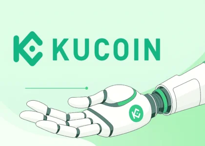 Página inicial da KuCoin destacando o slogan “Find the Next Crypto Gem”, com QR Code para baixar o aplicativo e braço robótico exibindo a marca da exchange.