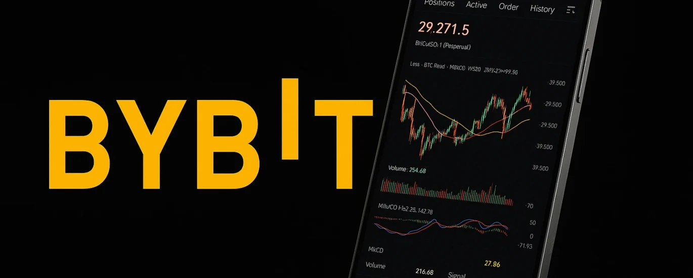 logomarca bybit tradicional em laranja fundo preto e um celular iphone mostando mercados futuros de y=um trader bybit.