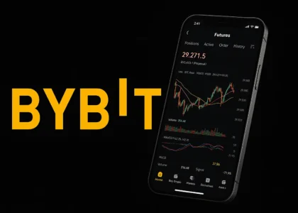 logomarca bybit tradicional em laranja fundo preto e um celular iphone mostando mercados futuros de y=um trader bybit.