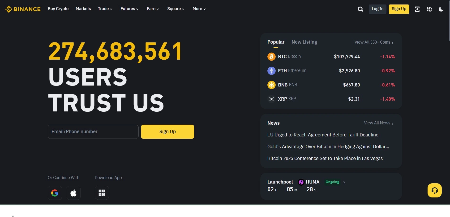 "Página inicial da Binance com fundo escuro mostrando número de usuários (274.682.749) e chamada 'Confie em nós', ao lado das cotações de Bitcoin, Ethereum, BNB e XRP."