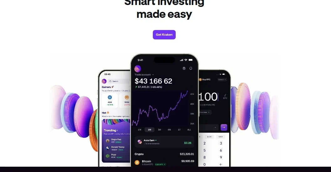 Tela de abertura do aplicativo da Kraken exibindo gráfico de valorização de criptomoedas e botão de cadastro com destaque para integração com Pix no Brasil. Kraken app welcome screen showing crypto portfolio chart and signup button, highlighting Pix support for Brazilian users.