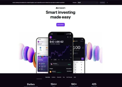 Tela de abertura do aplicativo da Kraken exibindo gráfico de valorização de criptomoedas e botão de cadastro com destaque para integração com Pix no Brasil. Kraken app welcome screen showing crypto portfolio chart and signup button, highlighting Pix support for Brazilian users.