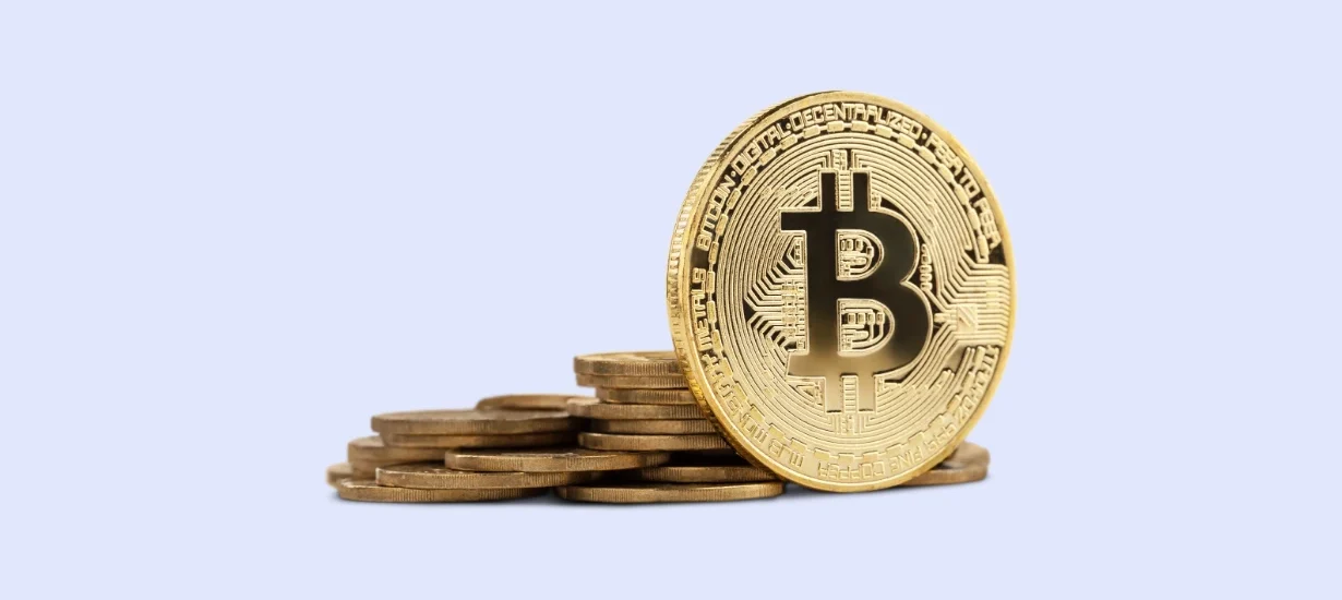 moedad de botcoin tom dourado com fundi azul claro