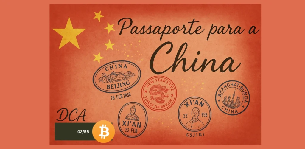 Imagem estilo passaporte com fundo vermelho e elementos gráficos como bandeira da China, mapas e ícones de viagem, destacando o tema “Passaporte para a China” com referência visual ao Bitcoin.