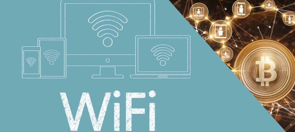 Ilustração WiFi com ícones de dispositivos conectados e moedas Bitcoin ao fundo, representando conectividade e finanças digitais.