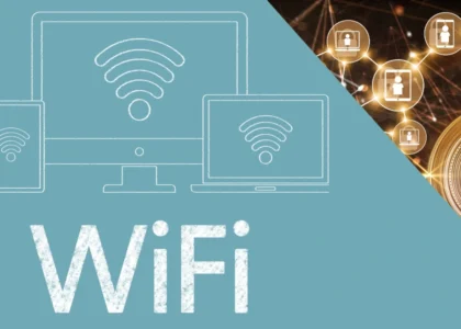 Ilustração WiFi com ícones de dispositivos conectados e moedas Bitcoin ao fundo, representando conectividade e finanças digitais.