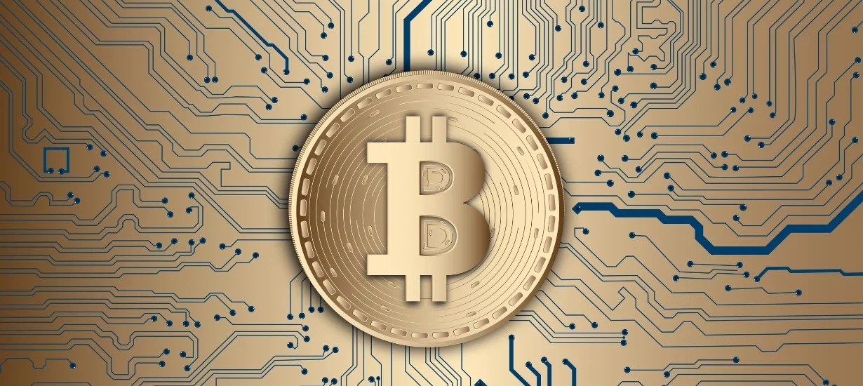 imagem bitcoin em uma rede tom dourado.