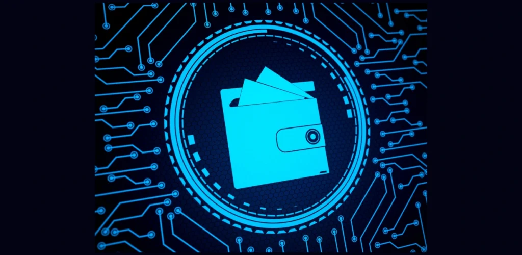 Imagem digital de uma cold wallet em azul, com circuito eletrônico ao fundo, representando segurança e autocustódia de Bitcoin.