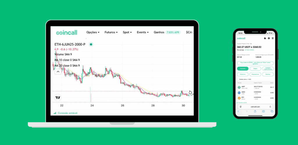 Tela de monitoramento Coincall com gráfico de ETH e saldo inicial transferido com segurança para início das operações de venda de puts.