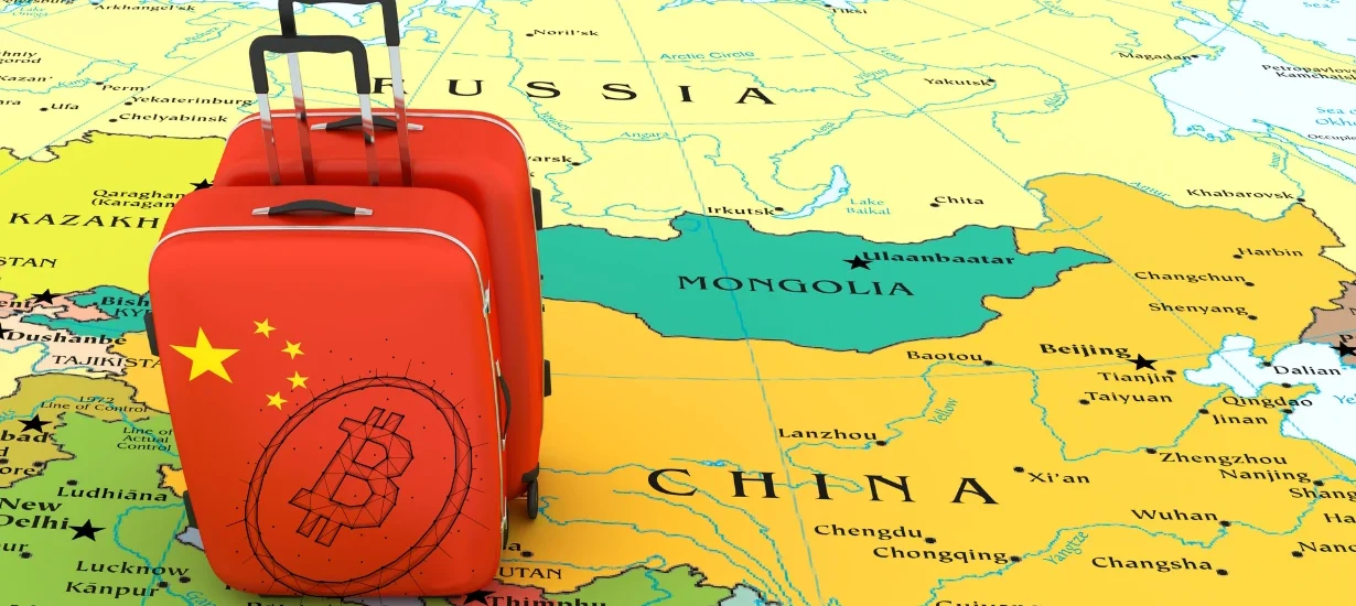 Mala vermelha sobre mapa da China, representando origem e expansão global da exchange Coincall