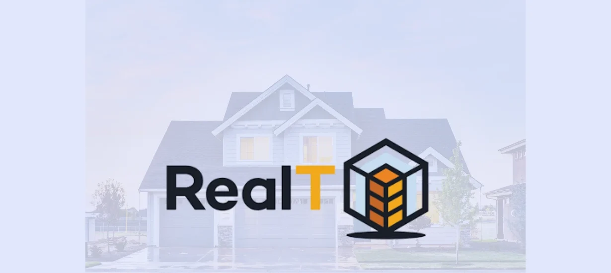 Logo da RealT sobre imagem de casa nos EUA, representando imóveis tokenizados disponíveis para investidores globais