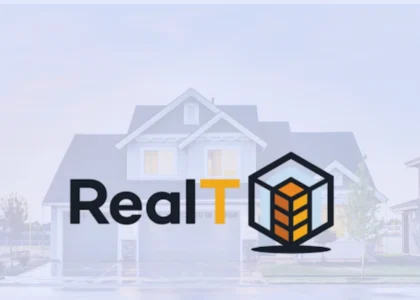 Logo da RealT sobre imagem de casa nos EUA, representando imóveis tokenizados disponíveis para investidores globais