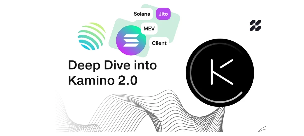 Banner ilustrativo sobre Kamino 2.0, plataforma DeFi de liquidez, com design minimalista em tons de branco, roxo e preto.