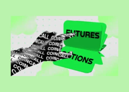 Mão robótica segurando botões de opções e futuros, representando estratégias cobertas na Coincall