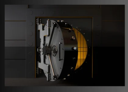 Ilustração conceitual de cofre digital com logotipos de Bitcoin, representando segurança, autocustódia e proteção patrimonial em ativos cripto.