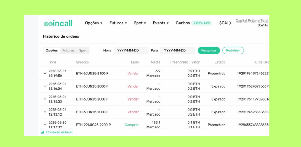 Tela de execução Coincall — Histórico de ordens com vendas de puts ETH nas primeiras semanas de operação, mostrando erros iniciais e ajuste de risco controlado.