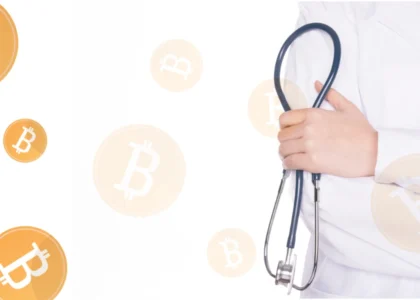 Médico segurando estetoscópio com ícones de Bitcoin ao fundo, representando pagamento em cripto na saúde