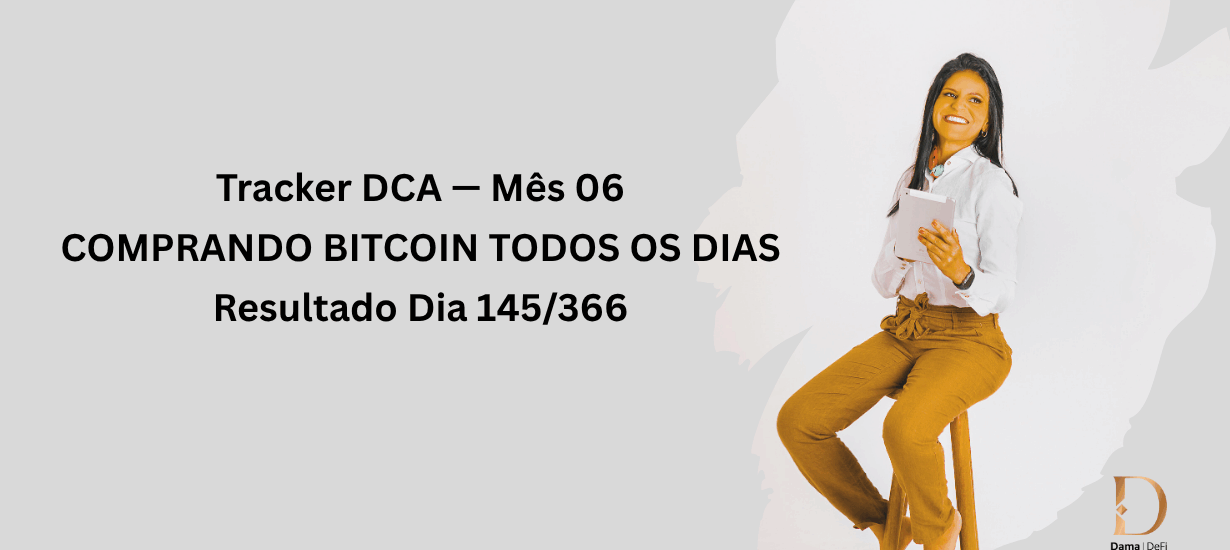 Capa do artigo "Tracker DCA — Mês 06: Comprando Bitcoin Todos os Dias", com resultado do dia 145 de 366, apresentando a autora sentada, simbolizando a disciplina de aportes diários.