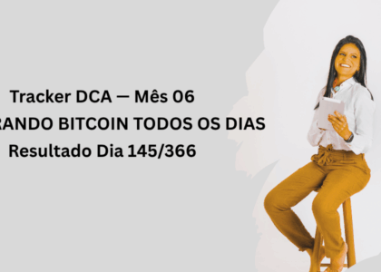 Capa do artigo "Tracker DCA — Mês 06: Comprando Bitcoin Todos os Dias", com resultado do dia 145 de 366, apresentando a autora sentada, simbolizando a disciplina de aportes diários.