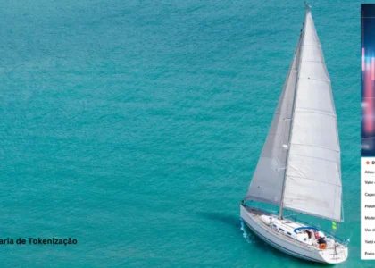 Veleiro branco navegando em mar azul-turquesa em dia ensolarado