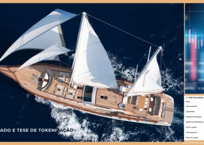 Estudo de caso de tokenização de um veleiro de luxo de 42 pés. Imagem aérea de um veleiro navegando em mar azul, com velas abertas e deck de madeira, destacando o projeto "Tokenização Case: Veleiro". Painel lateral mostra dados técnicos: valor estimado US$ 500 mil, capacidade de 8 passageiros, plataformas simuladas RealT/INX, frações de US$ 1.000, yield esperado de 6% a 10% ao ano, prazo do projeto 5 anos. Estudo DeFi Case Studio Thunder — Tokenização RWA.