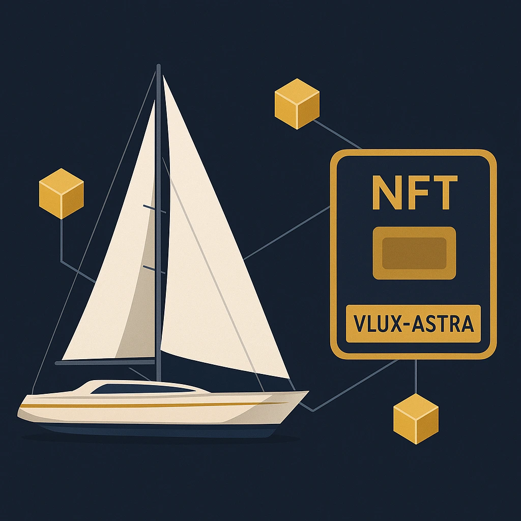 Ilustração de veleiro tokenizado com NFT fracionado VLUX-ASTRA e elementos de blockchain

