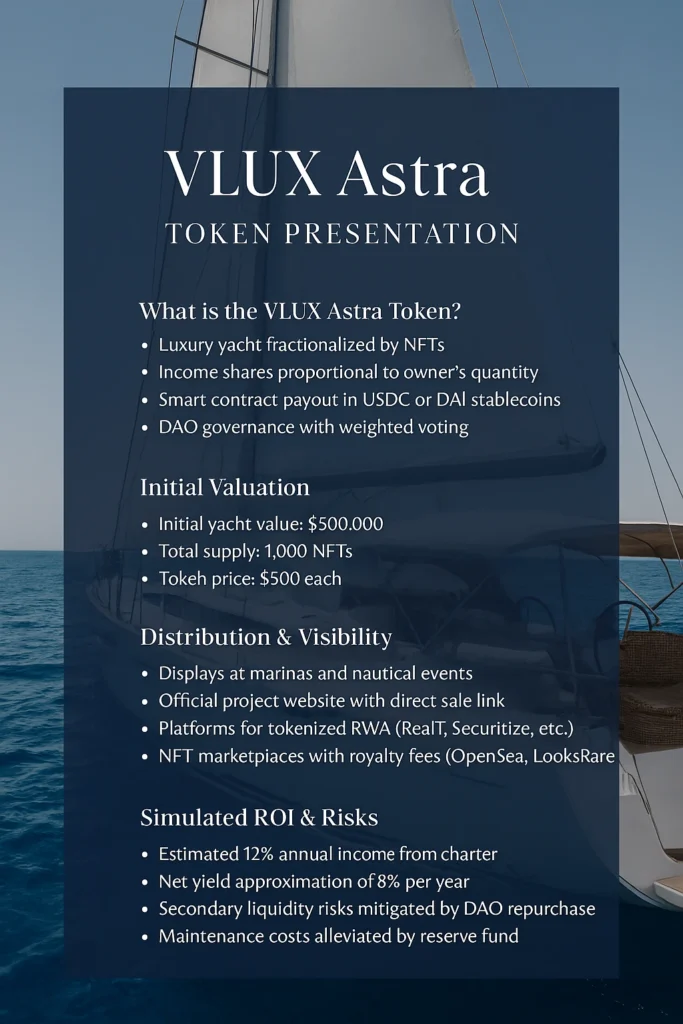 Apresentação visual do token VLUX Astra, representando um veleiro de luxo tokenizado por NFTs na rede Polygon. A imagem destaca informações sobre governança DAO, renda passiva, precificação e canais de distribuição.