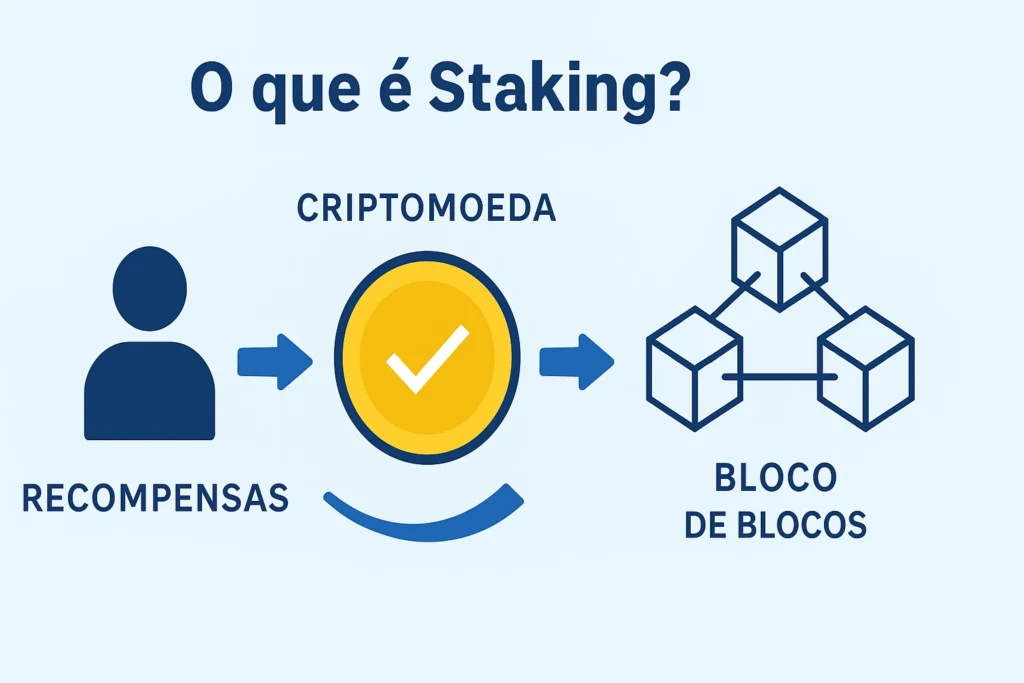 ALT: Infográfico explicativo simples sobre o que é staking em criptomoedas. Representação visual com ícones mostrando o fluxo: usuário deposita criptomoeda, participa da validação de blocos (blockchain) e recebe recompensas. Termos destacados: recompensas, criptomoeda, bloco de blocos.